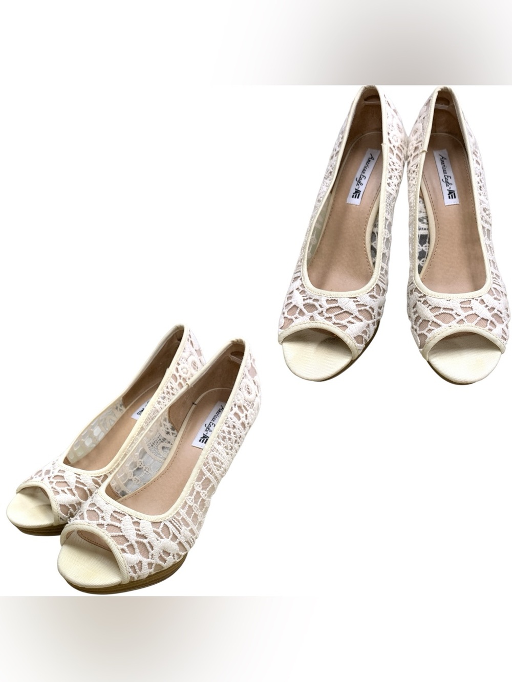 American Eagle Outfitters Ivory Lace Peep-Toe Wedge Heels S9